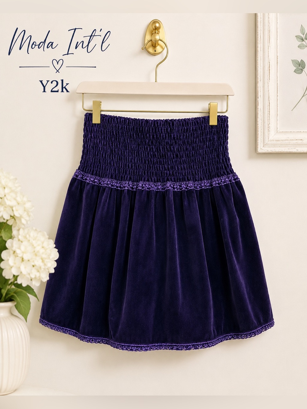 Y2K Sz L Moda Int’l Smocked-Waist Terry & Embroidered Lace Trim Ruched Skirt